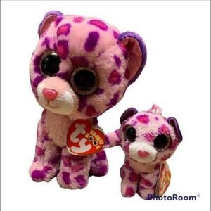 Pair of 2 TY Beanie Boos Glamour the Pink Leopard 6" Plush and 3" Plush Keychain